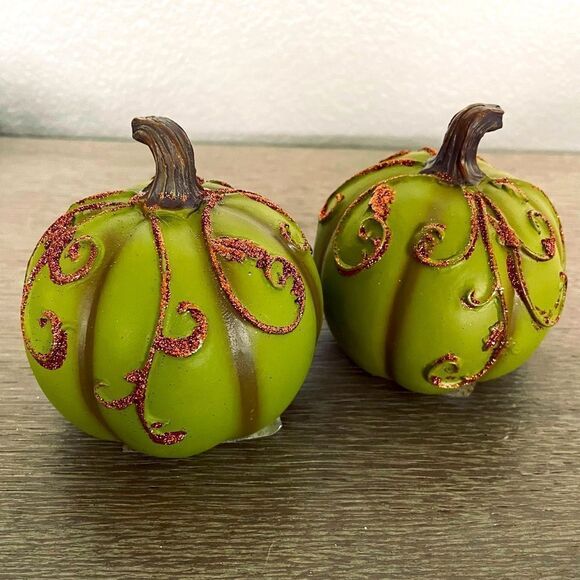 Fall Green Glitter Pumpkins Tier Tray Decor Figurines Set - Picture 1 of 3